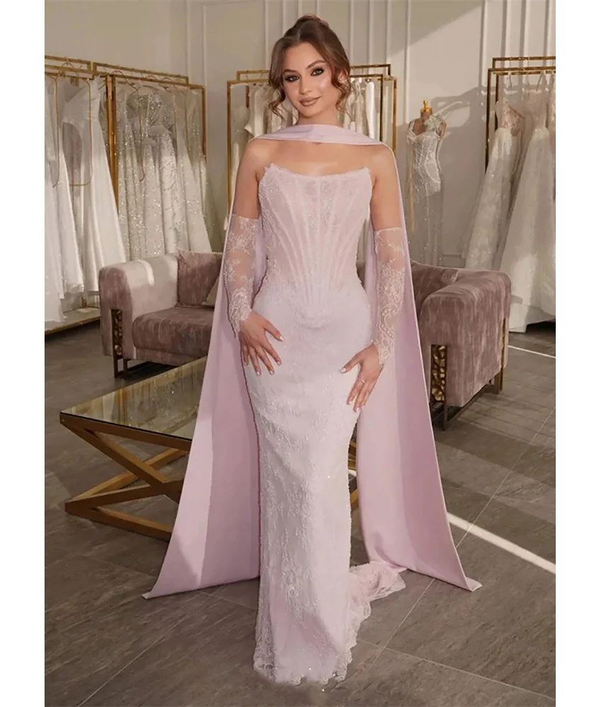 

MCDV Customized Graceful Lace Sequined Mermaid Evening Dress High Quality Strapless Sleeveless Floor Length Party Gowns.