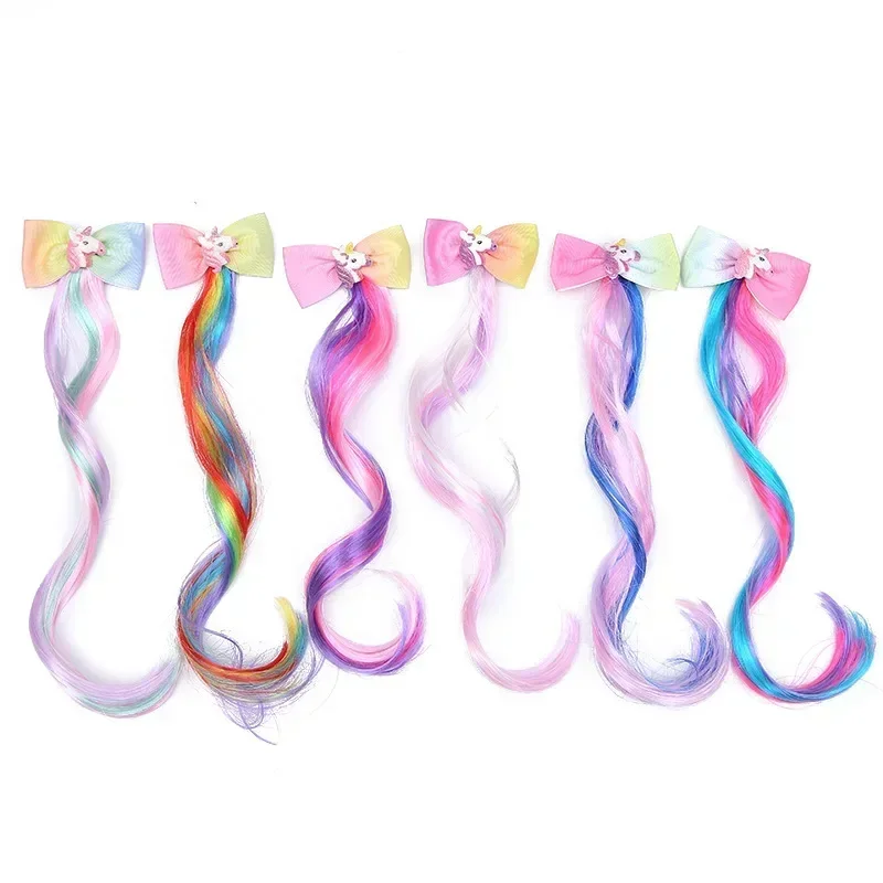 New Kids  Cute Cartoon Unicorn Bow Hair Clip Children Wig Colorful Headwear Girls Kids Hair Accessories Hot