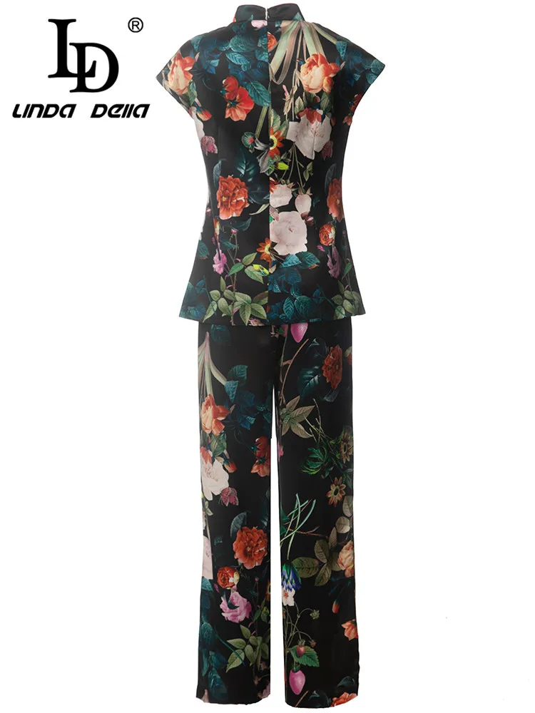 

LD LINDA DELLA Summer Runway Black Silk Pants Set Women Short sleeve Flowers Printed Tops and High waist pants 2 Pieces Set