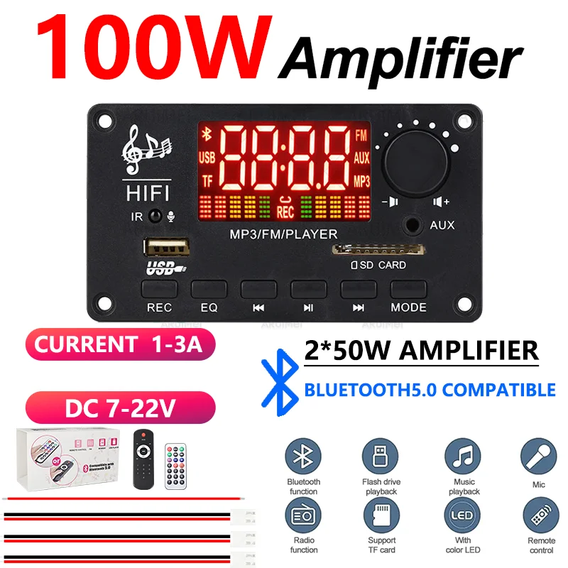 Kit amplificador Bluetooth 5,0 de 2x50W con carcasa negra y control remoto, CC 7-22V para Audio doméstico de coche FiiO HiFi potente amplificador de sonido Subwoofer