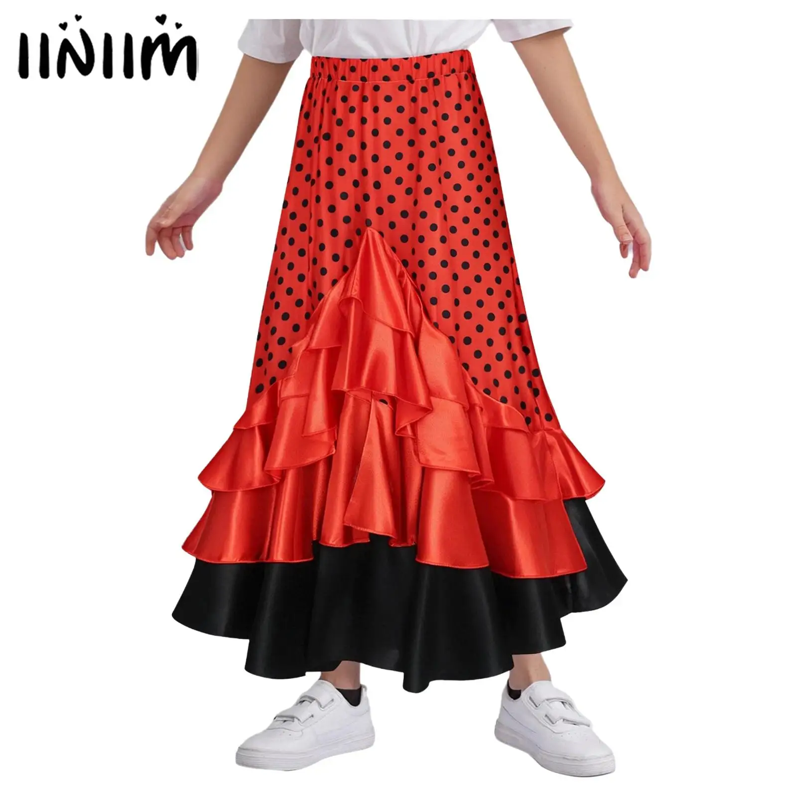 Kinder Mädchen Spanisch Flamenco Polka-Dot Rüschen Walzer Rock Layered Rüschen Design Langer Swing Rock Latin Ballroom Dance Kostüm