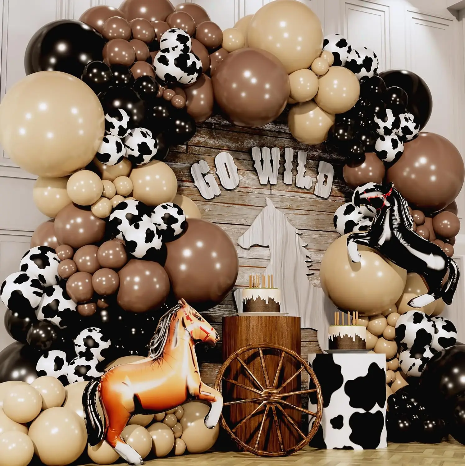 Kit de Arco de Globos Vaqueros del Oeste en Tonos Marrón, Negro y Nude para Decoraciones de Fiesta de Cumpleaños, Baby Shower con Temática de Granja, Primer Rodeo, o Campo Salvaje