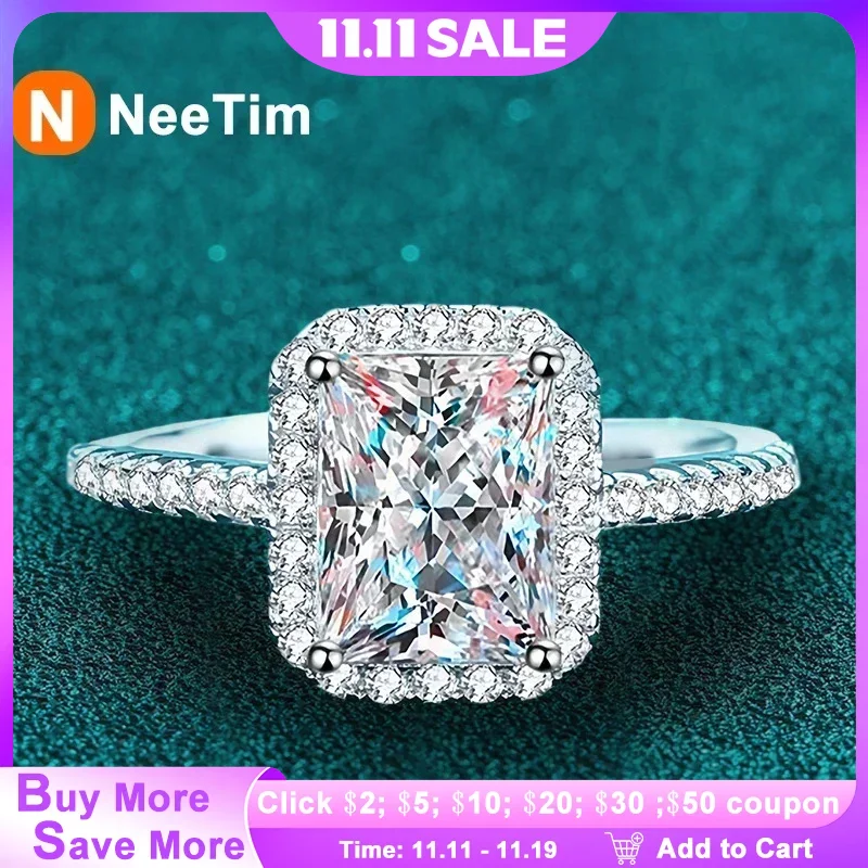 

NeeTim 2 Carat Moissanite Ring for Women Emerald Radiant Cut Diamond Sterling Silver 925 with 18KGold Plated Wedding Bridal Band