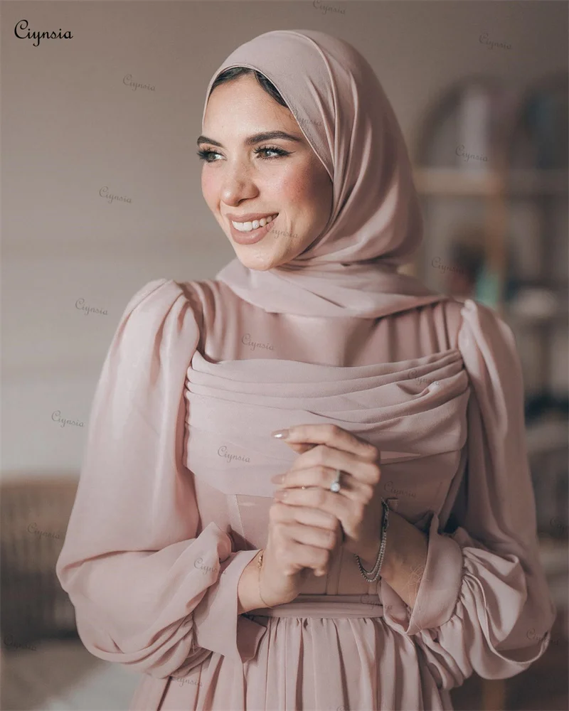 Ciynsia-Hijab musulmán rosa De Dubái, vestido De noche De gasa De línea A, manga larga, vestido Formal De graduación, Túnica árabe saudita, 2024