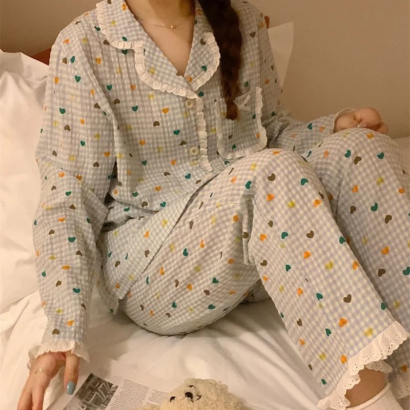 Pajama Sets Women Sleepwear Lovely Sweet Ins Korean Lace Spliced Long Sleeve Full Length Preppy Heart Print Plaid Autumn Female