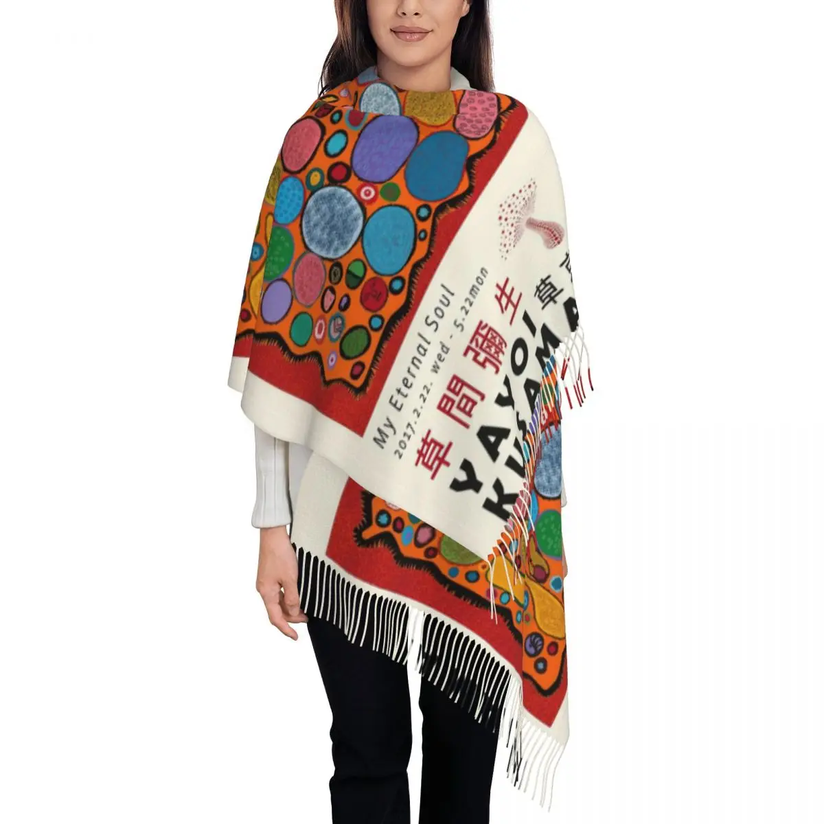 Customized Stylish Yayoi Kusama Abstract Mushroom Tassel Scarf Women Winter Warm Shawl Wrap Female Scarves