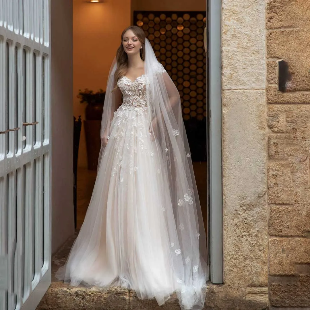 

Fashion Floral Cap Sleeves Wedding Dresses Tulle Sweetheart Elegant Lace Appliques Evening Gowns Bridal Customized Prom Dress