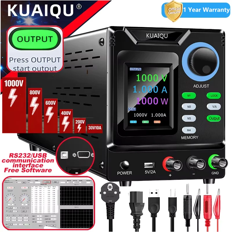 KUAIQU RS232/USB Alimentatore LAB regolabile ad alta potenza 1000V 800V 400V 300V 600V 30V 5A 10A Memoria di archiviazione, Uscita, Software PC