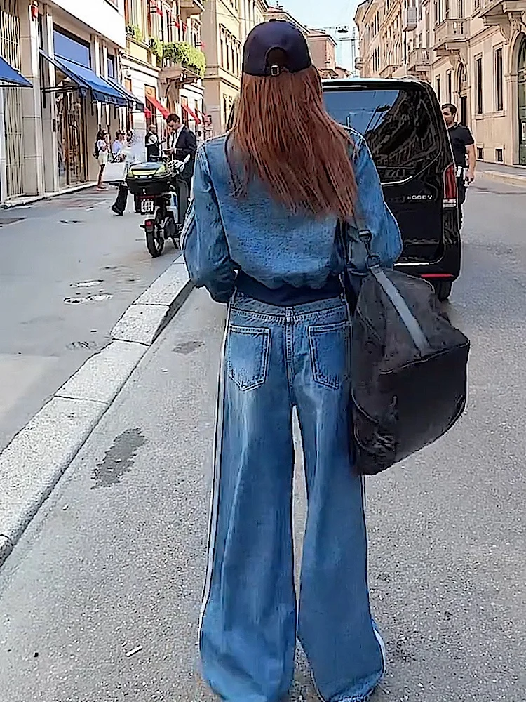 

Весна-Осень 2025 New Street Cool Long Sve Jaet Широкие брюки с высокой талией Синий модный комплект Женский повседневный комплект из двух предметов