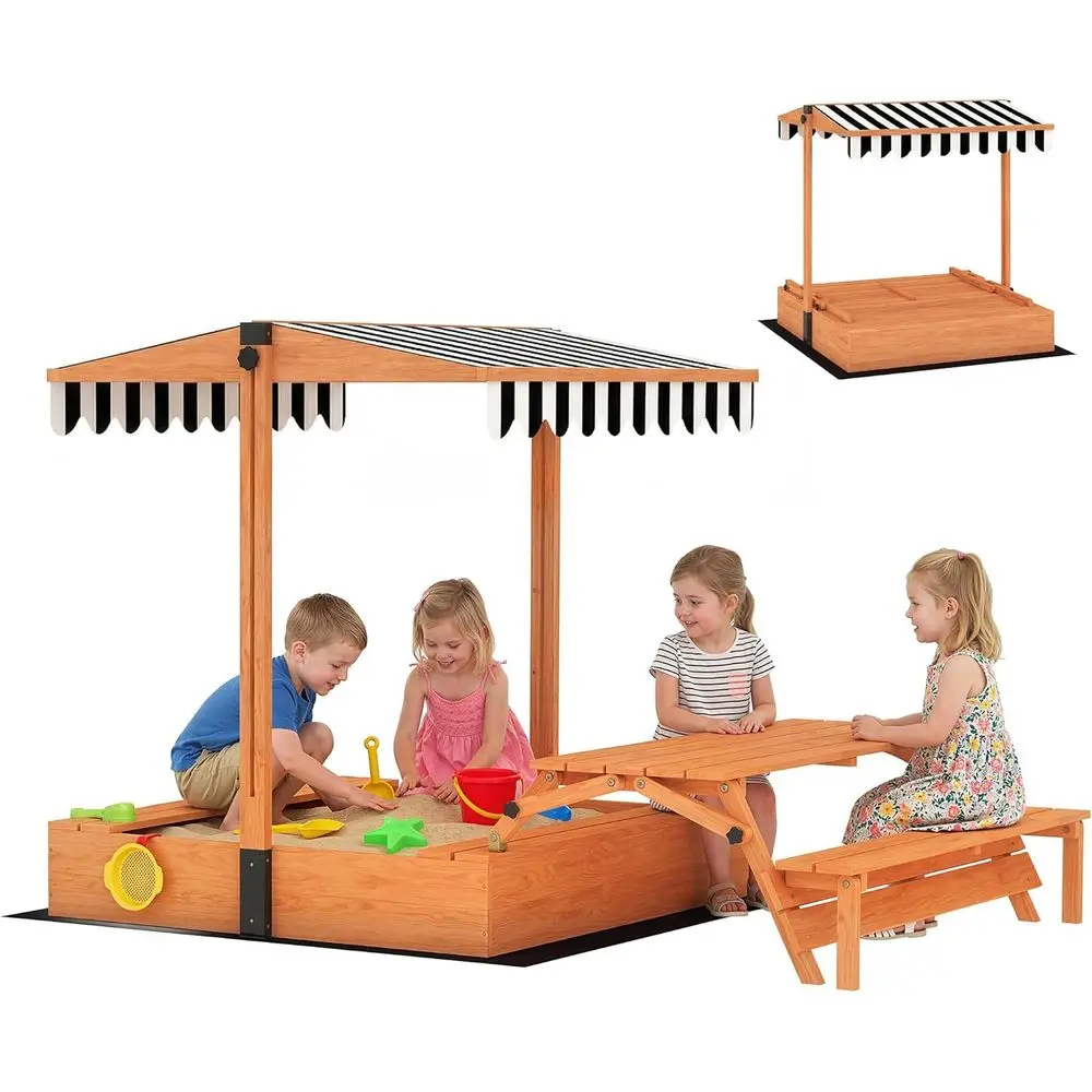 

Qaba Kids Sandbox with Lid, Wooden Sand Box with , oldable Picnic Table, Bench Seats, Bottom Liner, Outdoor Sand Pit with Cover