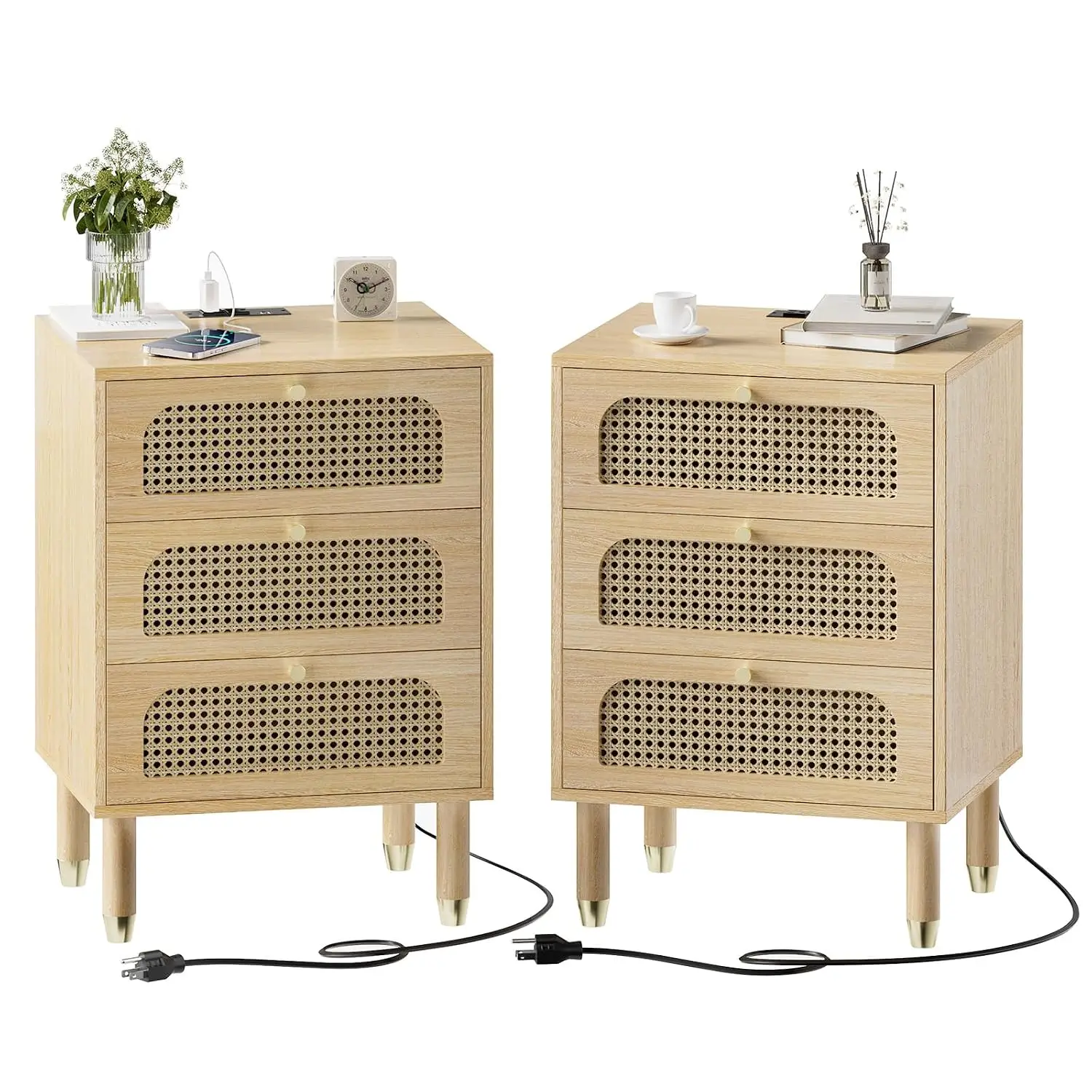 Rattan Nightstands Set of 2 with Charging Station, 3 Drawer Boho End Table, 19