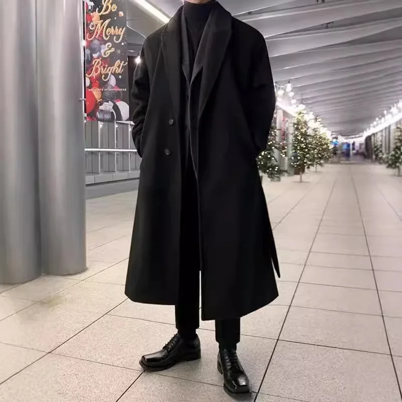 Man Blend Wool Coat 2025 Autumn Winter Men's Korean Style Double Layer Trench Coat Wool Mid Length Over The Knee Windbreaker
