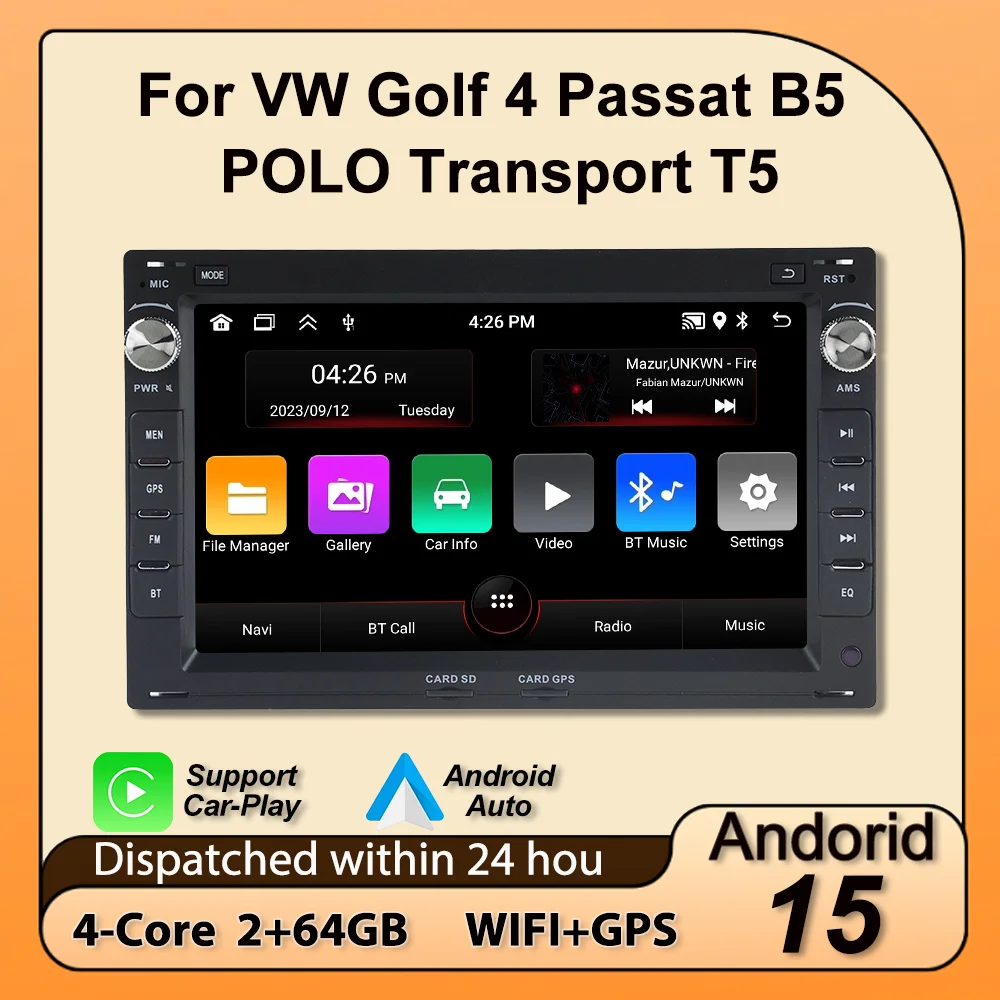 For VW Passat B5 MK4 MK5 Golf 4 Polo Bora Jetta T5 Android 15 2+64G 2 Din Car Radio Wireless Carplay Central Multimedia Player