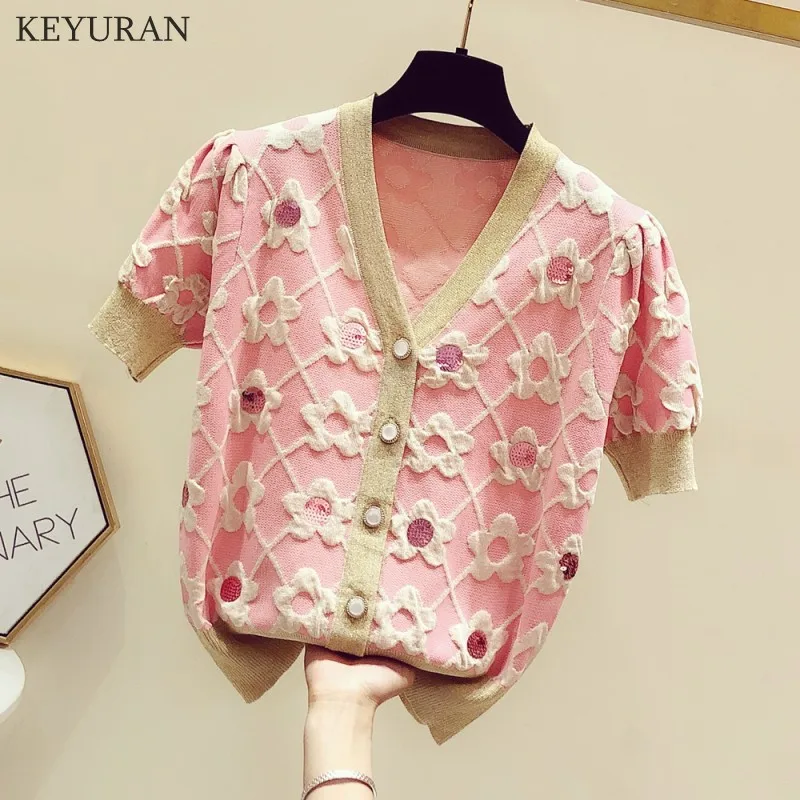 Pink Floral Knitted Cardigan Women Korean Casual V neck Summer Ruff Short Sleeve Thin Single-Breasted Knitwear Corp Tops Female