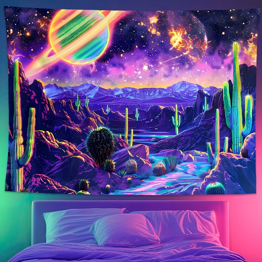 VIKAMA Alien Desierto Tapiz Cactus Nebulosa Gradiente Tema de ciencia ficción para dormitorio Sala de juegos o decoración moderna para sala de estar