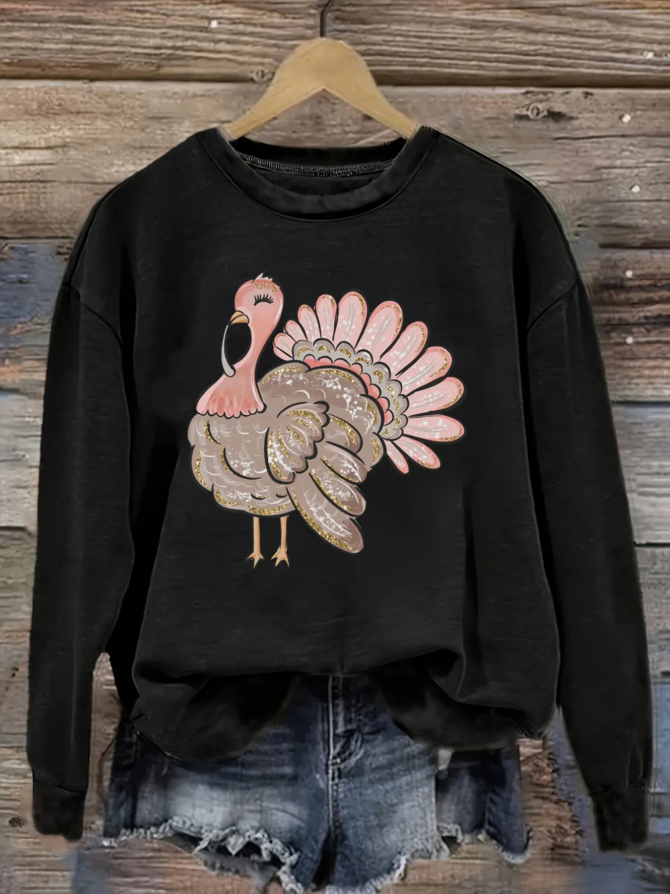 Women's Casual Long Sleeve Crew Neck T-Shirt Cute Turkey Graphic Print Design Design, Round Neck Women's Clothing, Machine Washable, Slightly Elastic, Loose Fit, Spring Autumn Winter Women's T-Shirt, Halloween Costume Outfit