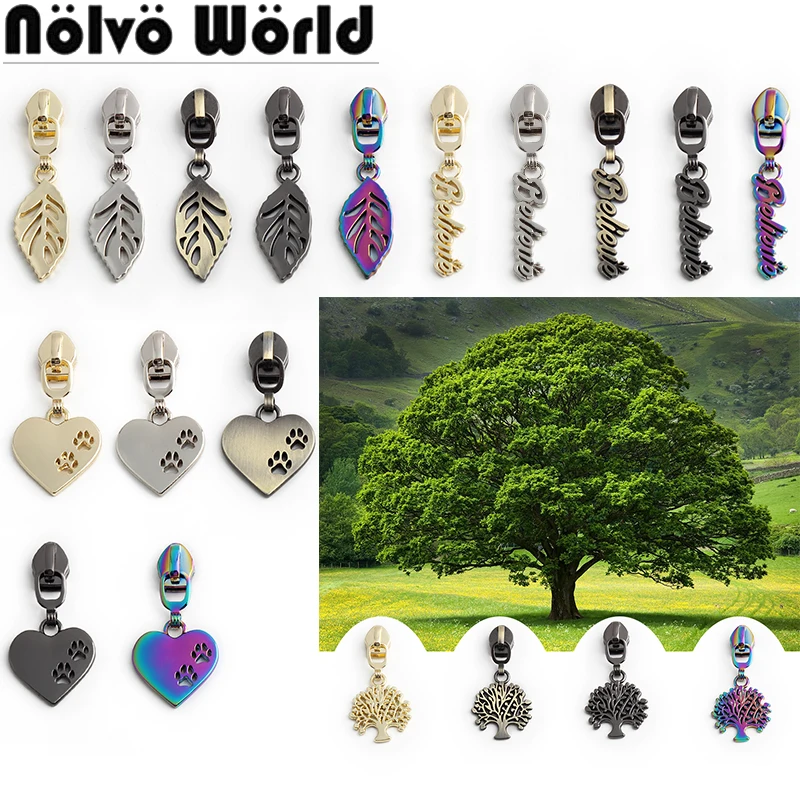 Love Claw/Believe/Tree/Leaf Shape 5# Nylon Metal Zipper Head Puller Sliders For Wallet Clothing Bags DIY Decorative Accessories