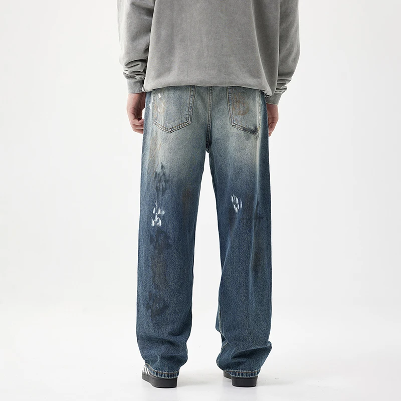 Wide Leg Jeans Men Baggy Pants Loose Fit Dirty Denim Jeans Printing Vintage Men's Trousers Cloth Retro Blue 2025 New Kpop