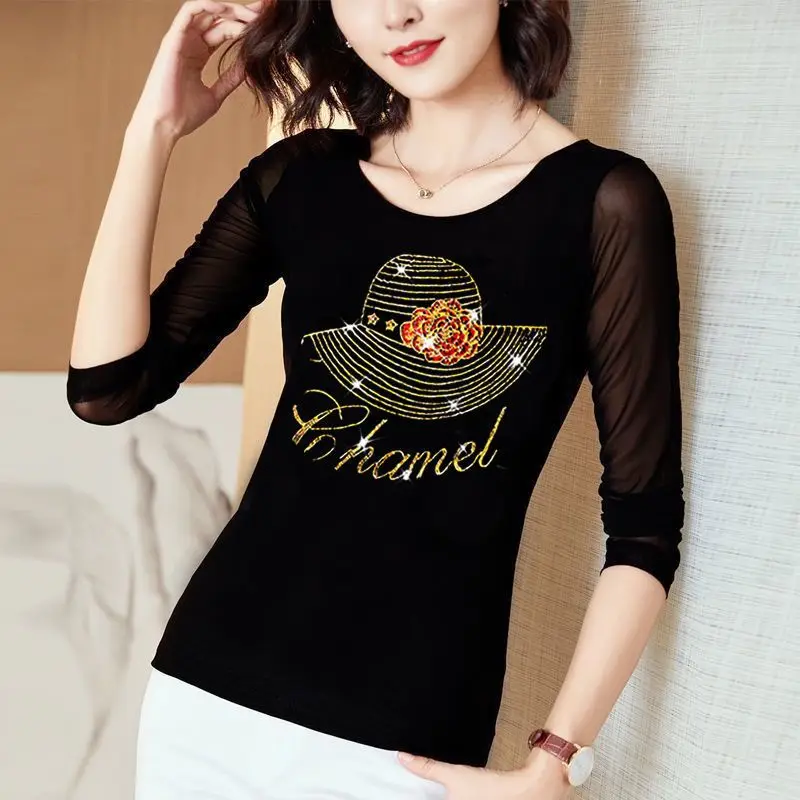 

Women's Spring Casual Simplicity Black Diamonds O-neck Long Sleeve T-Shirt Women Clothes Fashion Elegant All-match Slim Tops