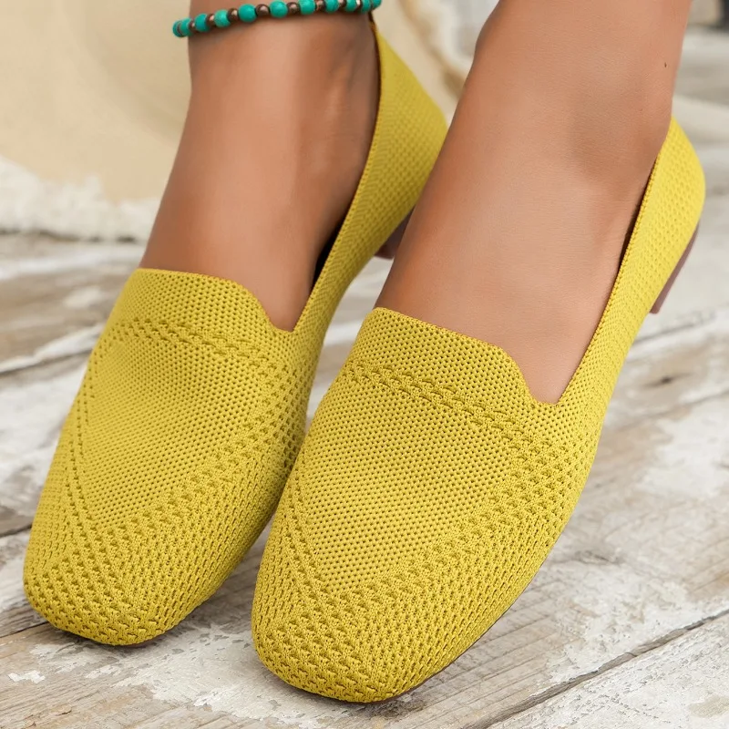 Classic Solid Color Square Toe Mesh Loafers Pumps Flats Breathable Knitted Ballet Flats Casual Slip-on Outdoor Sports Shoes 2024