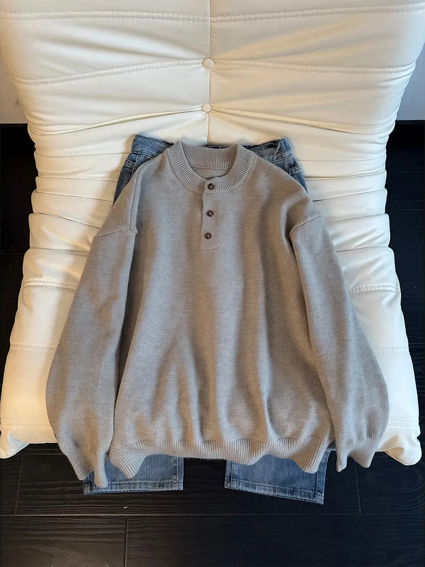 

Ay Вязаный свитер с воротником Генри, мужской зимний свитер Cleanfit Lazy Sle, винтажный универсальный трикотаж для пар, повседневный длинный све