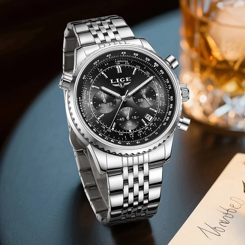 LIGE ساعة مضيئة للرجال موضة رجال الأعمال ساعة رياضية مقاوم للماء كرونوغراف رجالية كوارتز ساعات المعصم Relogio Masculino