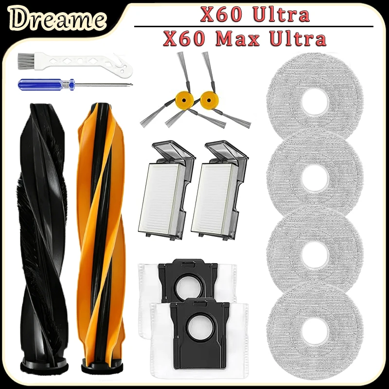 For Dreame X60 Max Ultra Complete/X60 Ultra Robot Vacuum Accessories Main Side Brush Filter Mop Pad Dust Bags Replacement Parts