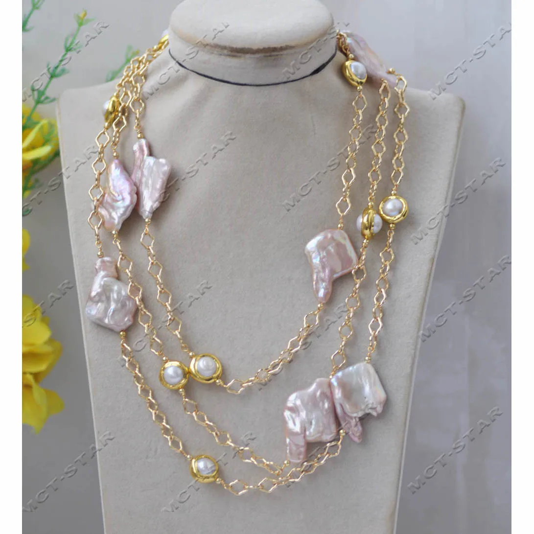 Z13451 60'' 35mm Lavender Baroque Coin Pearl Round White Pearl Chain Necklace Custom Jewelry