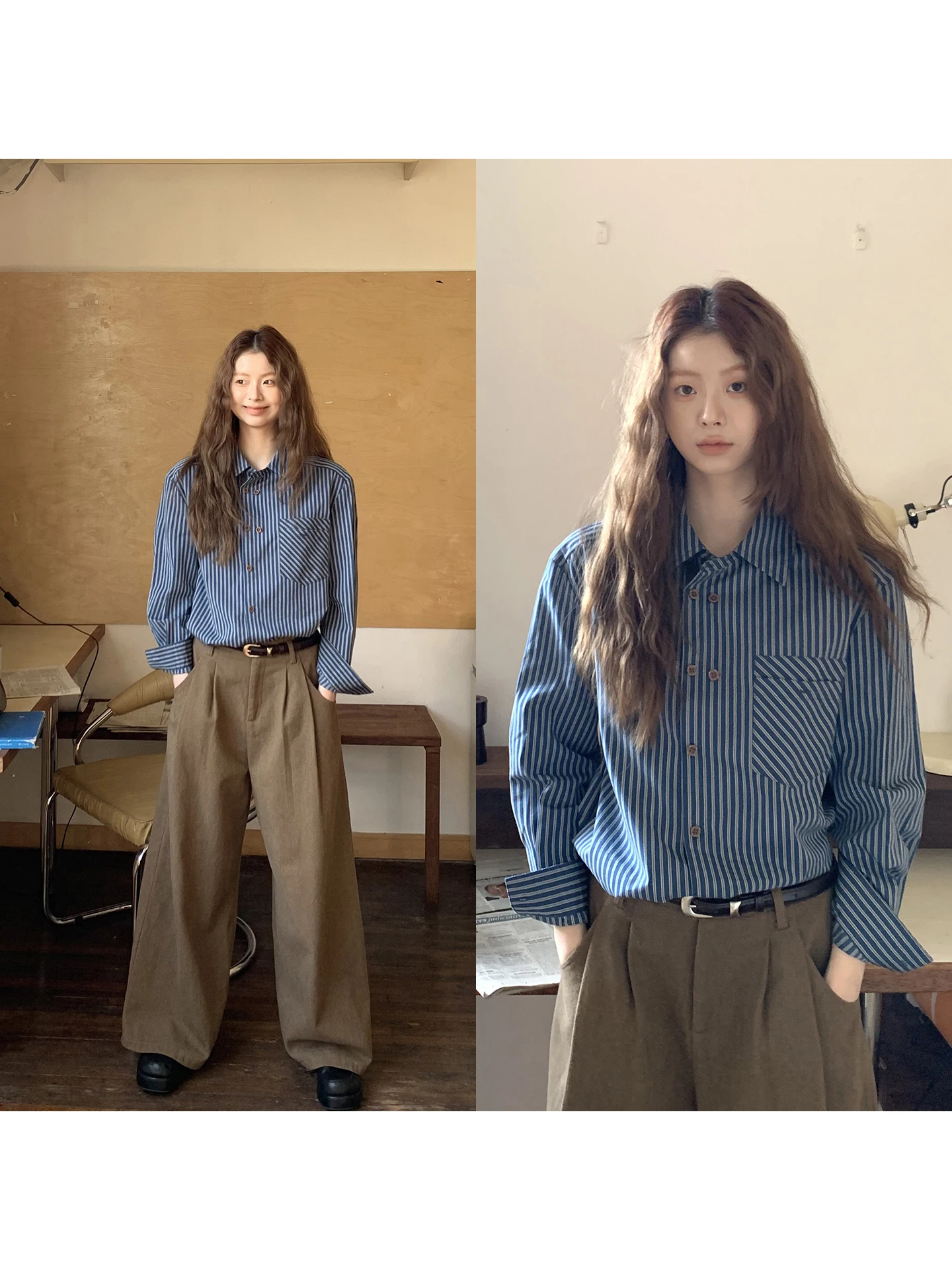 

Blue Striped Pure Cotton Women's irt Winter Inner Wear T-irt Commute Sle Regular Sve Long Collar Mid-Length