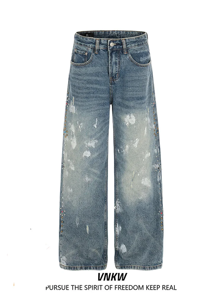 

Retro American Waed fiti Dyeing Wide Leg Straight Casual Jeans Men Women Loose Fit Denim Pants Youth Faion