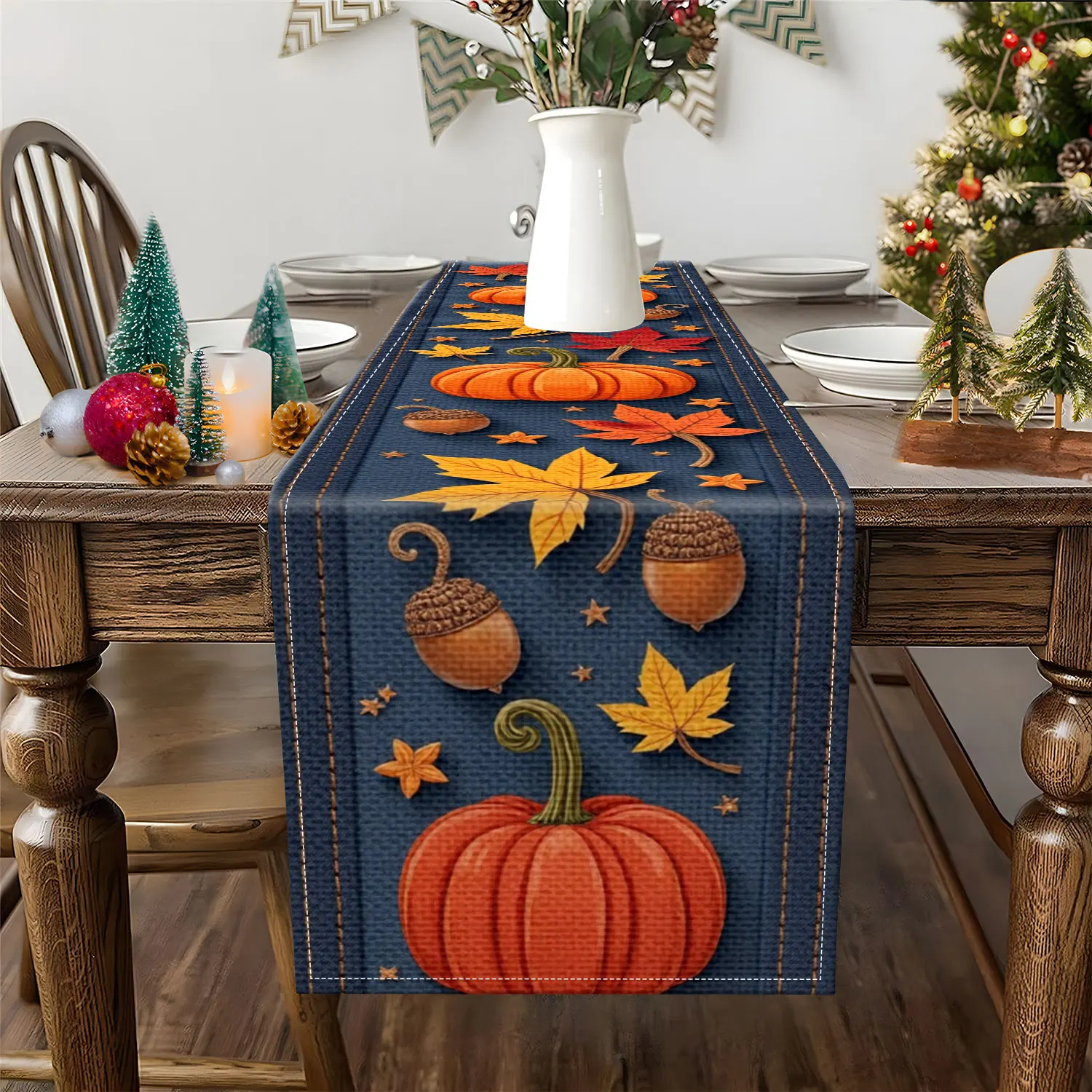 قطعة واحدة من مفرش طاولة بطابع الخريف مع اليقطين وأوراق الخريف وأنماط البلوط، مناسبة للتجمعات العائلية لعيد الشكر وديكور المنزل على الطراز الريفي #2