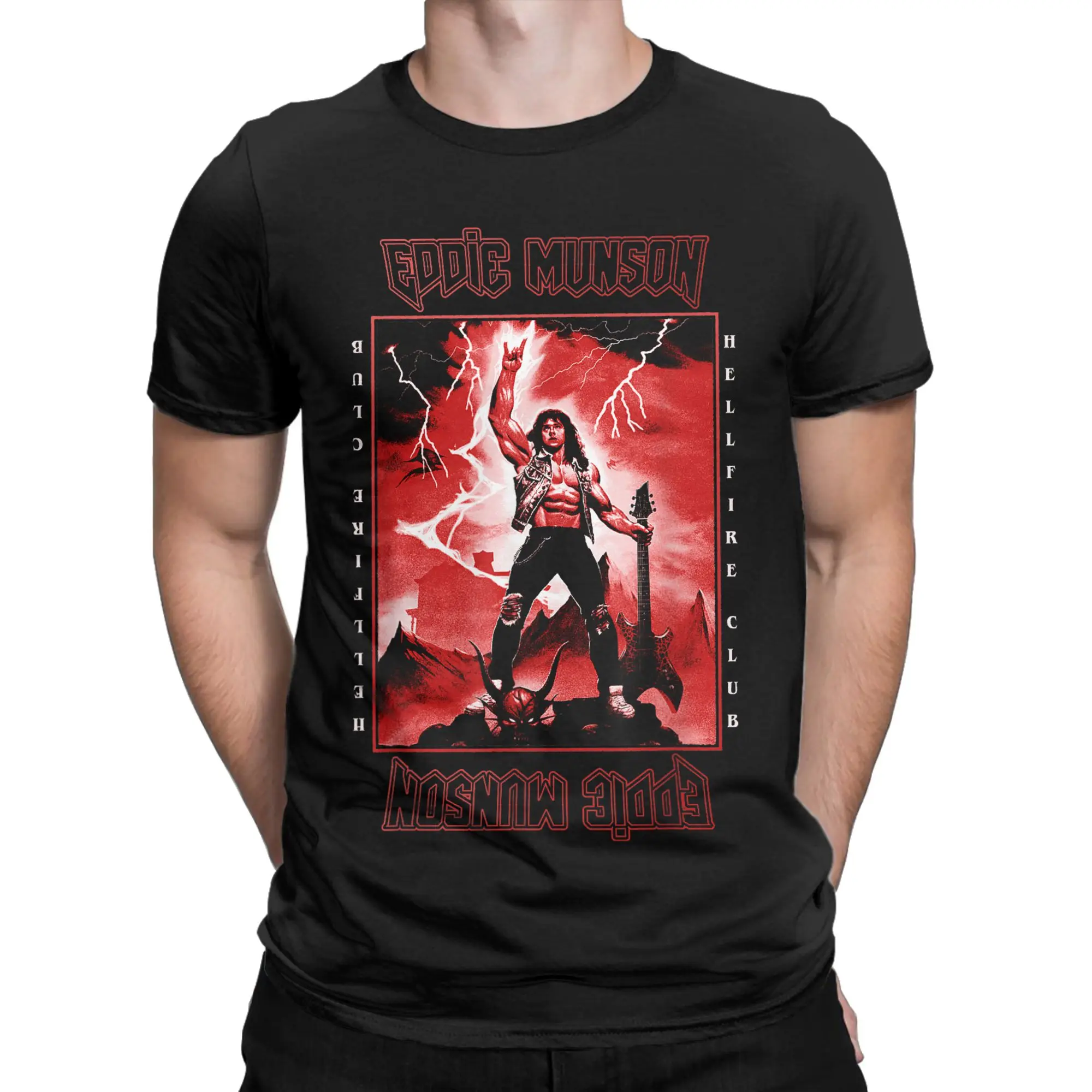 Men's T-Shirts Eddie Munson Lightning Guitar Power Fun Pure Cotton Tee Shirt Short Sleeve  T Shirt Crewneck Clothes Plus Size