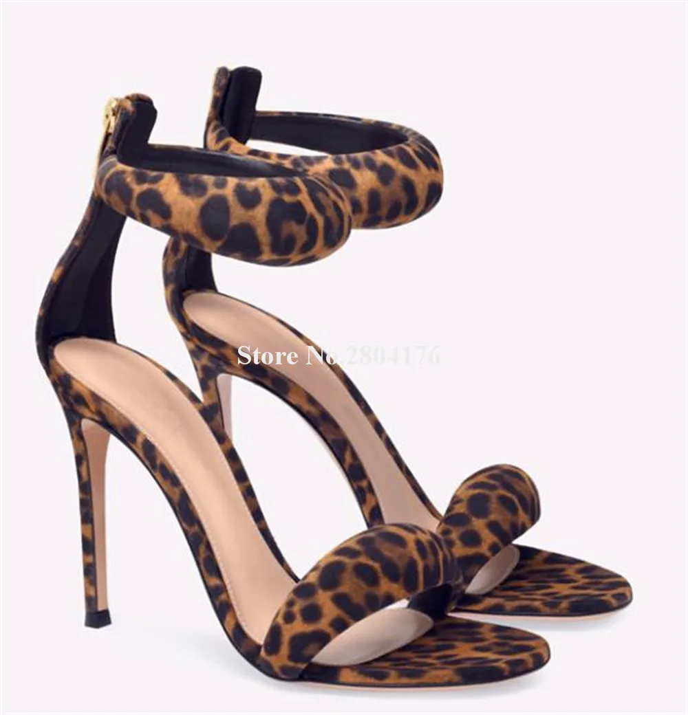 Newest Fashion Leopard Suede One Strap Stiletto Heel Sandals Sexy Open Toe Back Zipper-up Thin Heel Party Heels