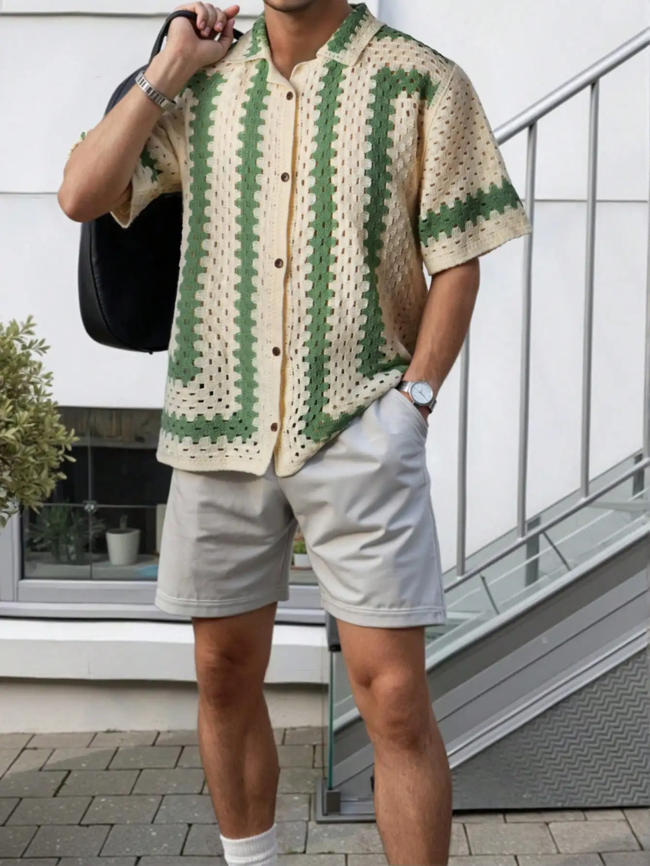 

Мужская повседневная рубашка-кардиган в европейском, американском, японском и корейском стиле для пляжного отдыха, в полоску, на одной пуговице, с коротким рукавом