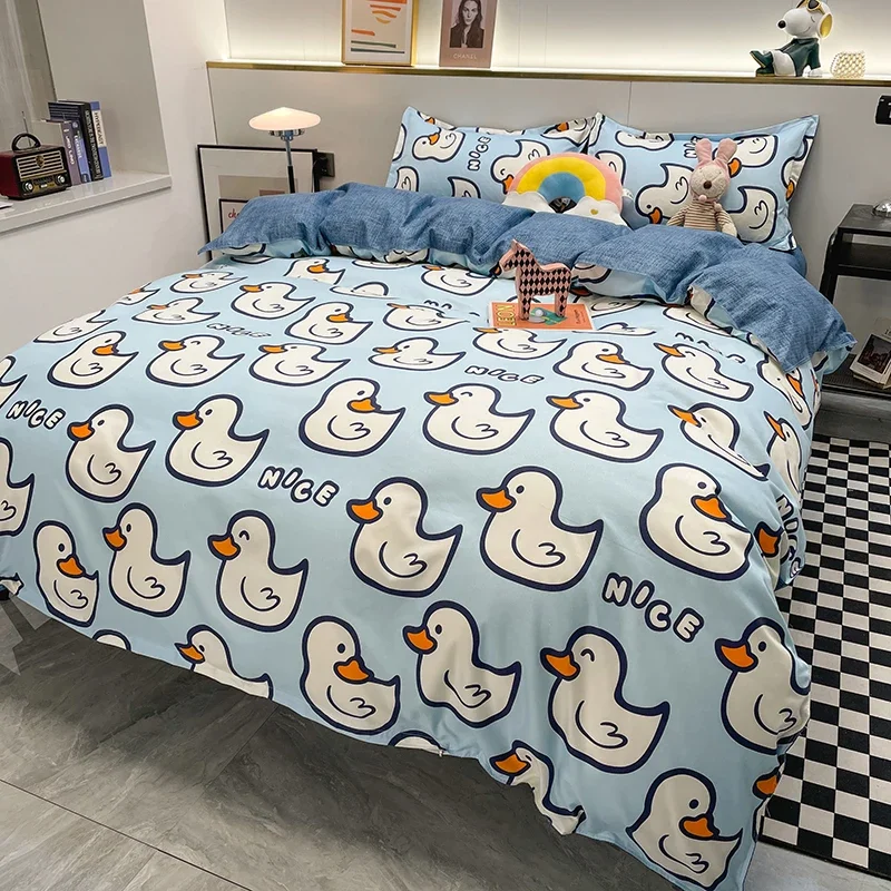 Cute Cartoon Duck Duvet Cover 4pcs Set Boys and Girls Reversible Comfort Soft Comforter Cover Queen King Bedding with Bed Sheet