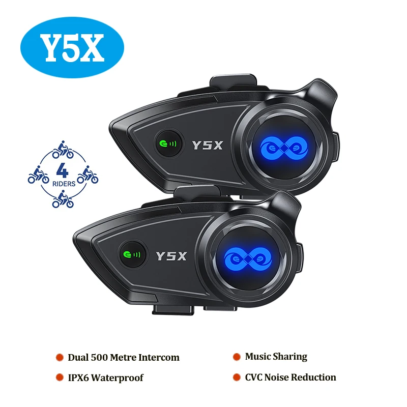 

1/2 шт. Bluetooth-гарнитура Y5X для мотоциклетного шлема, водонепроницаемая IPX6, интеллектуальное шумоподавление CVC+DSP, групповой интерком для 4 райдеров, обмен музыкой