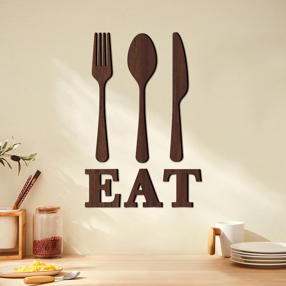 Wooden Eat Sign and Cutlery Wall Decor 3 Colors Optional Decorative Block Word Signs for Kitchen Dining Room & Eatery