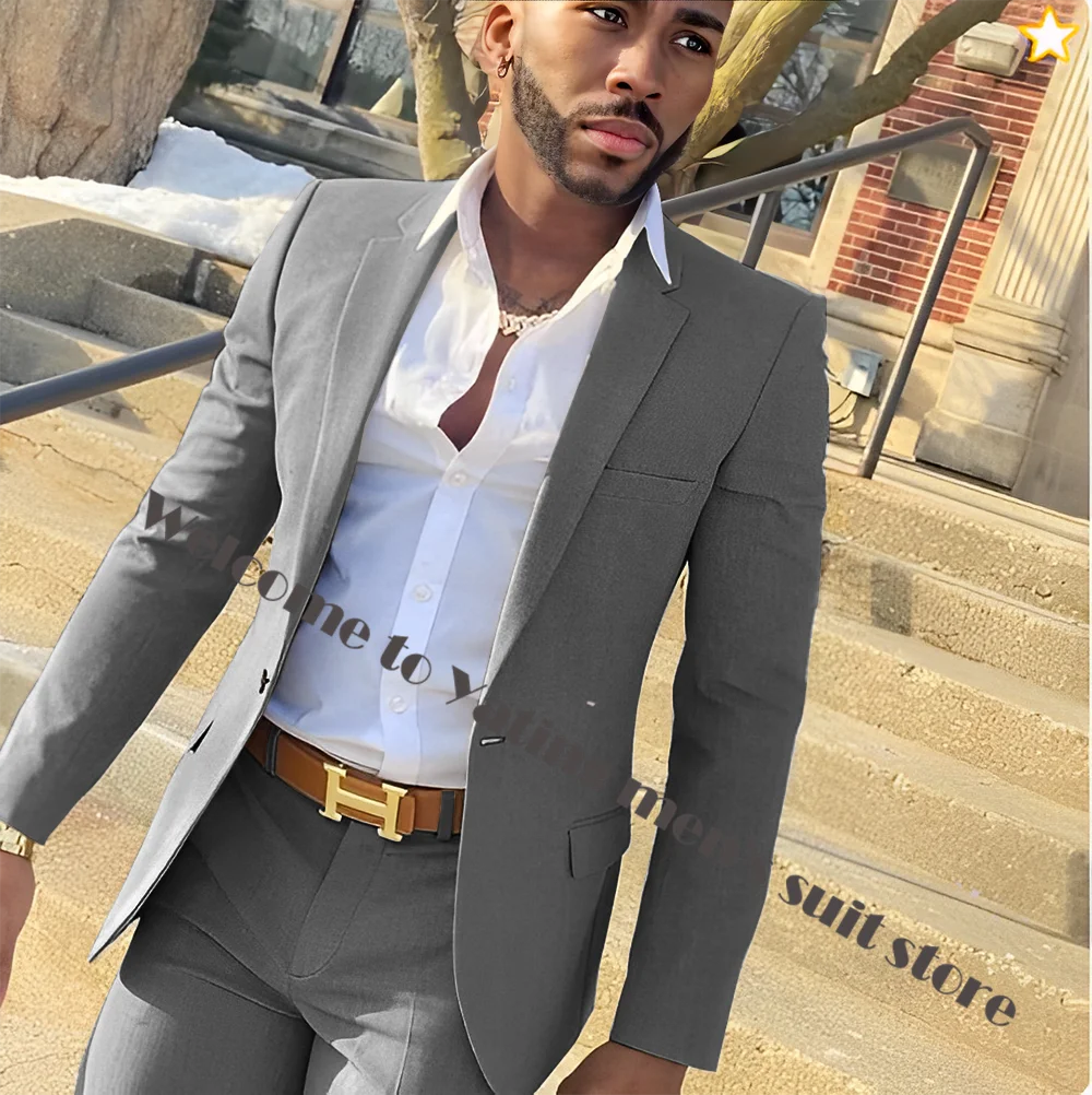 2024 Elegant Men\'s Suit Gray 2 Piece Formal Jacket Pants Business Office Work Wear Homme Male Blazer