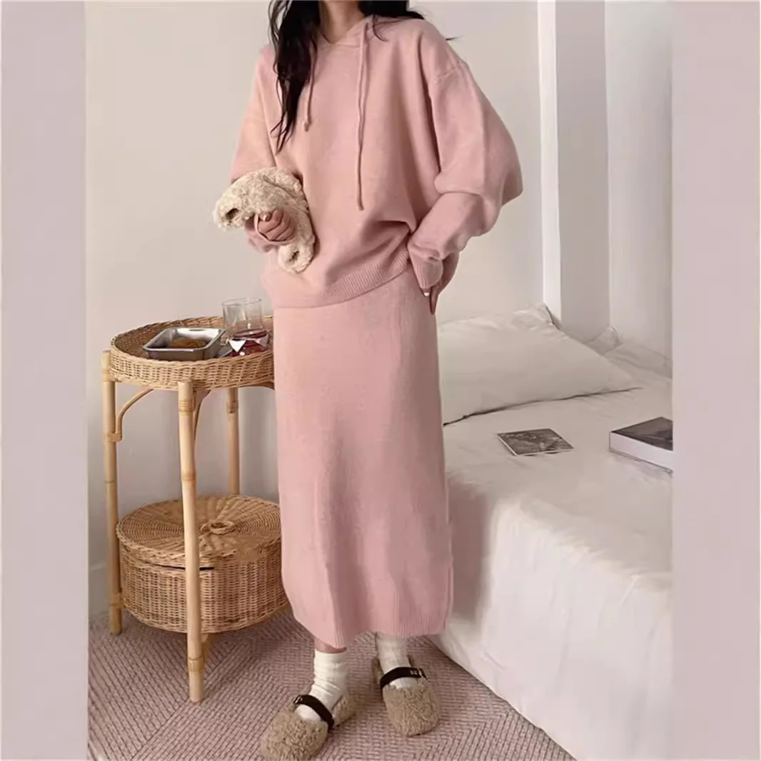 Korean Version Of The Solid Color Hooded Knit Skirt Two-Piece Set 2024 Autumn Winter New Loose Slouchy Style Sweater Set