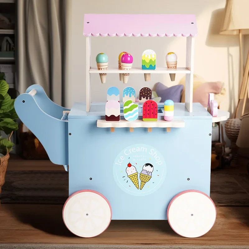 

Children's Toy Simulated Large Ice Cream Vending Car Montessori Educational Wooden Toys Dollhouse Accessories Block Social Games