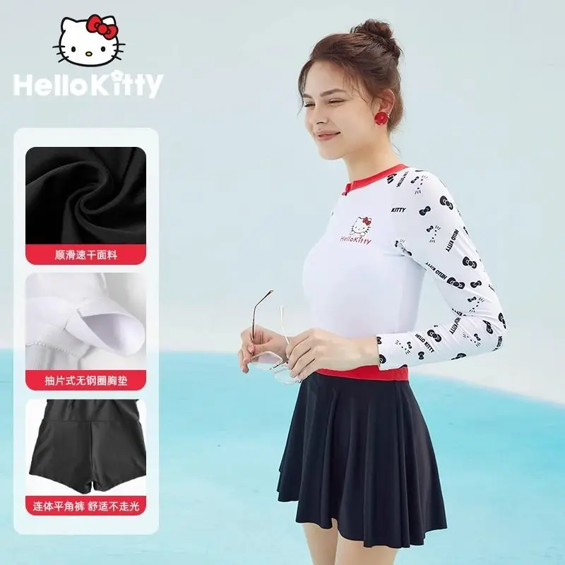 Hello Kitty ชุดว่ายน้ําเซ็กซี่ Sanrio บิกินี่ชุดว่ายน้ําวันพีซสาวแขนยาวป้องกันแสงแดดฤดูร้อนสไตล์บริสุทธิ์ชายหาดอนุรักษ์นิยม