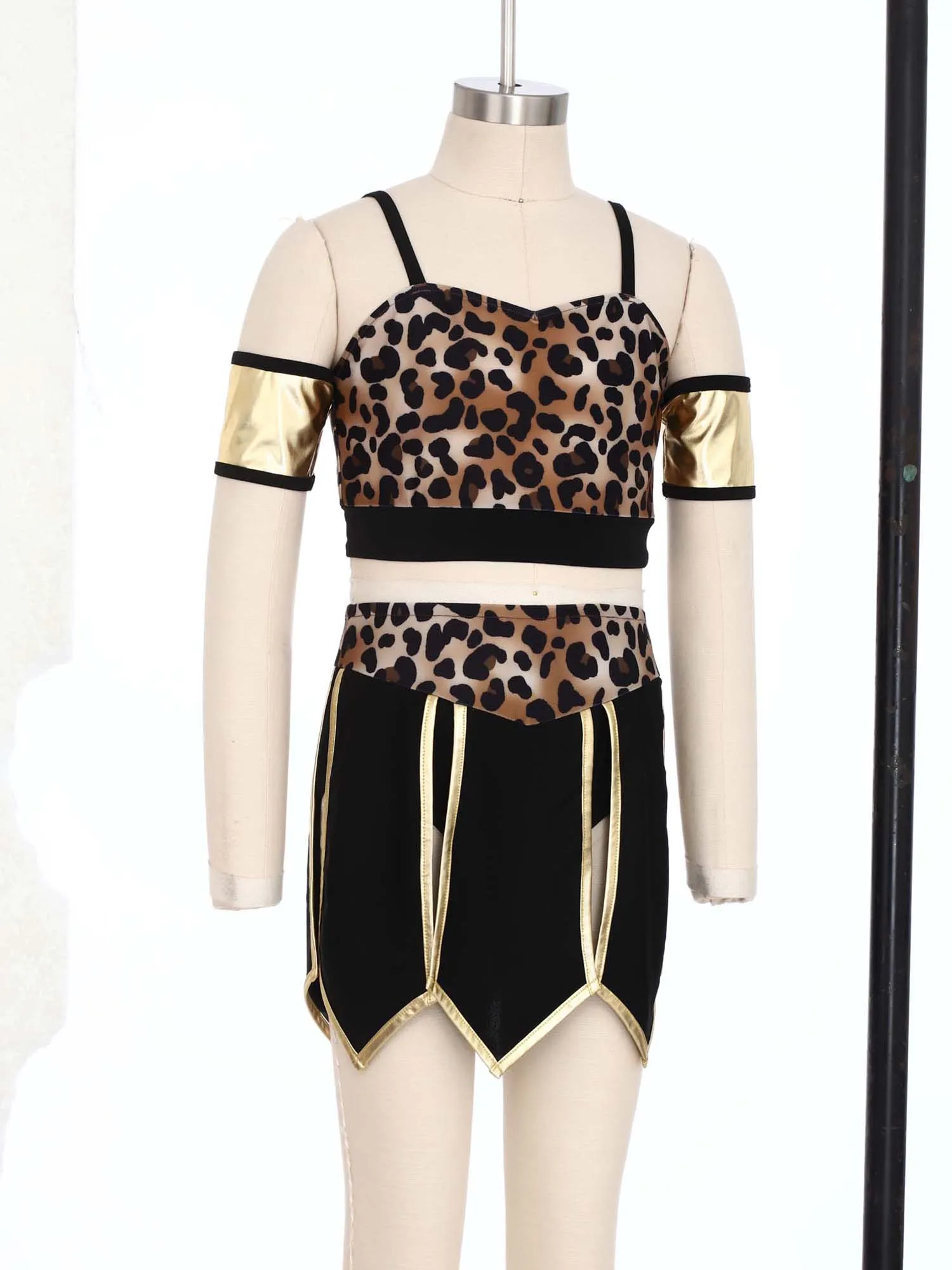 Kostium Karnawałowy Halloween dla Dużych Dziewcząt: Przedstawicielka Jaskini, Dzikorobinek, Cosplay, Top na Ramiączkach w Leopardi Wzór z Rozcięciami i Spódnicą