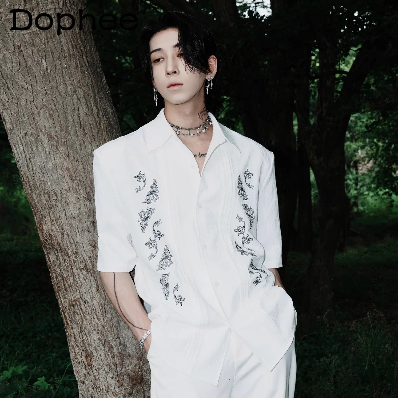 

Men's 2025 Summer New Original Embroidery Contrast Color Chic Loose Shirts Shoulder Padded Short Sleeve Shirts Men's Trendy Tops