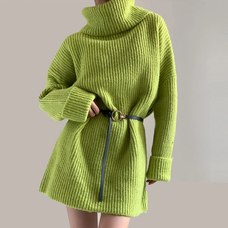 

Women Korean Fashion Autumn Winter Wool Knitted Women's Mid Long Style Lazy Green High Neck Sweater Sweater Female High Collar