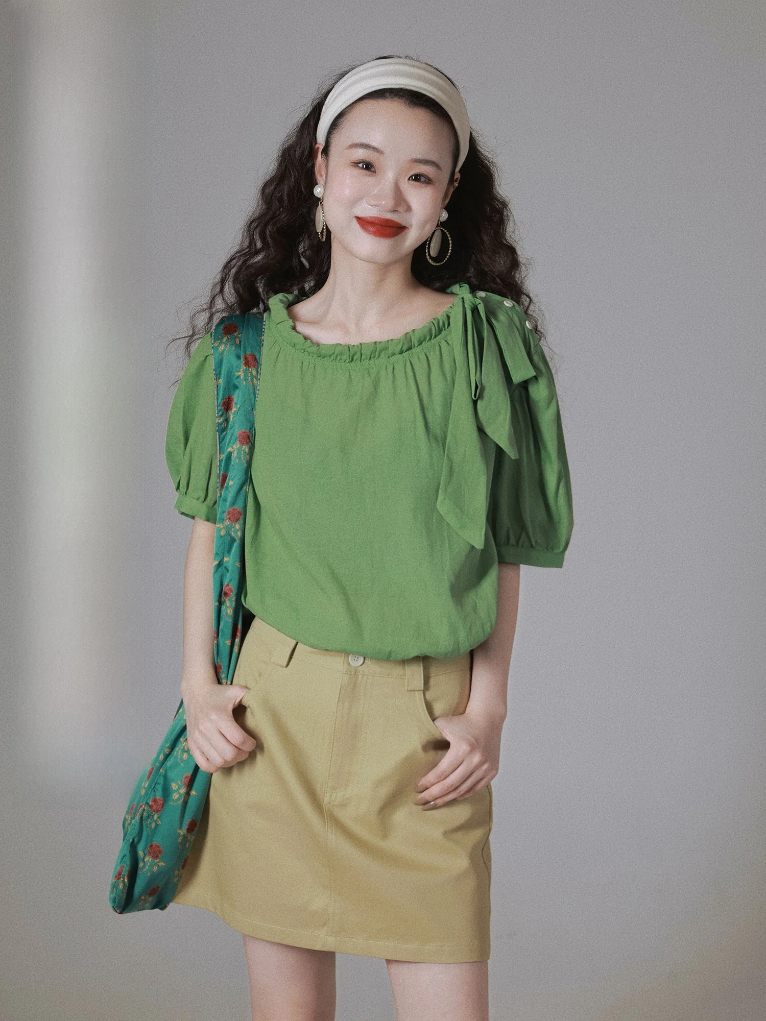 

Ivy Yang Design Sense Silk ort Sve Bubble Sve Loose Slimming Top French Sle Loose Fit round Ne Pure Color irt