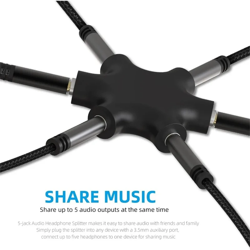 3.5mm Audio Splitter with Adapter Cable 1 Male to 5 Female Earphone Audio Splitter Cables Multi-Port Aux Sound Output Converter