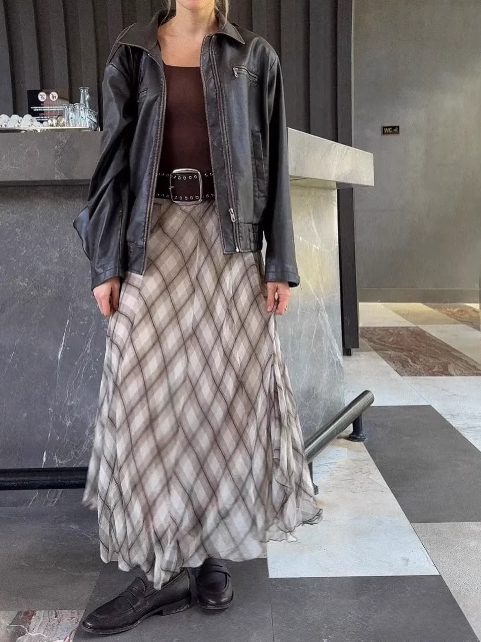 

Women Irregular Large Swing Long Skirt Snake Skin Printed or Plaid High Waist Loose Vintage Jupe