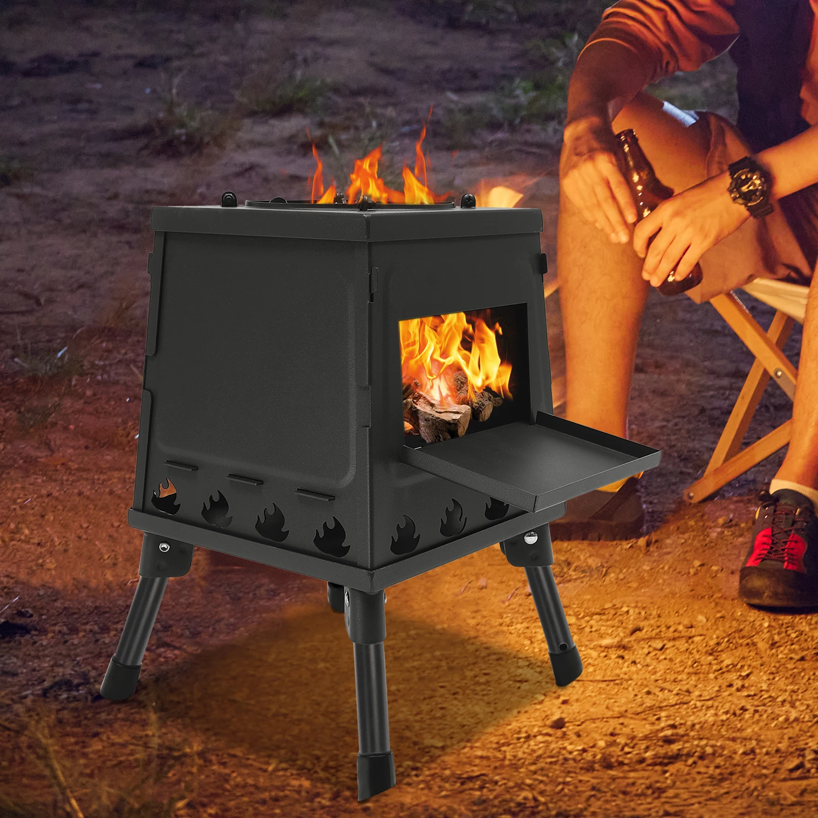 Faltbarer Holzofen, 16-Lüftungsöffnungen Holzkohle-Campingofen, Windgeschützter Holzofen für Wasserkocher, Topf oder Grill – Detail 8