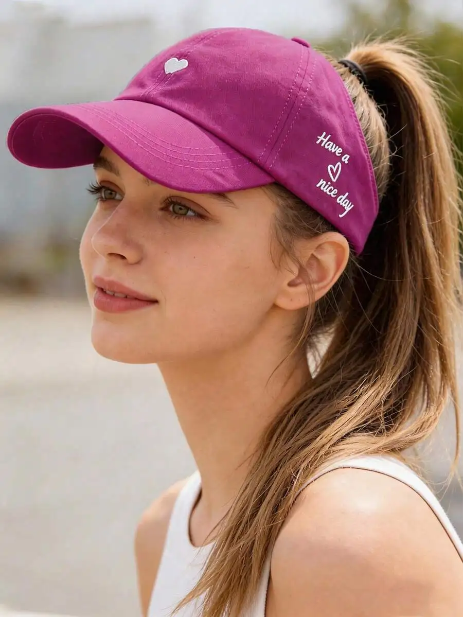 Women's Sun Hat With Heart Embroidery Baseball Cap UV Protection Suitable For Ponytail Casual Cycling Outdoor Activities