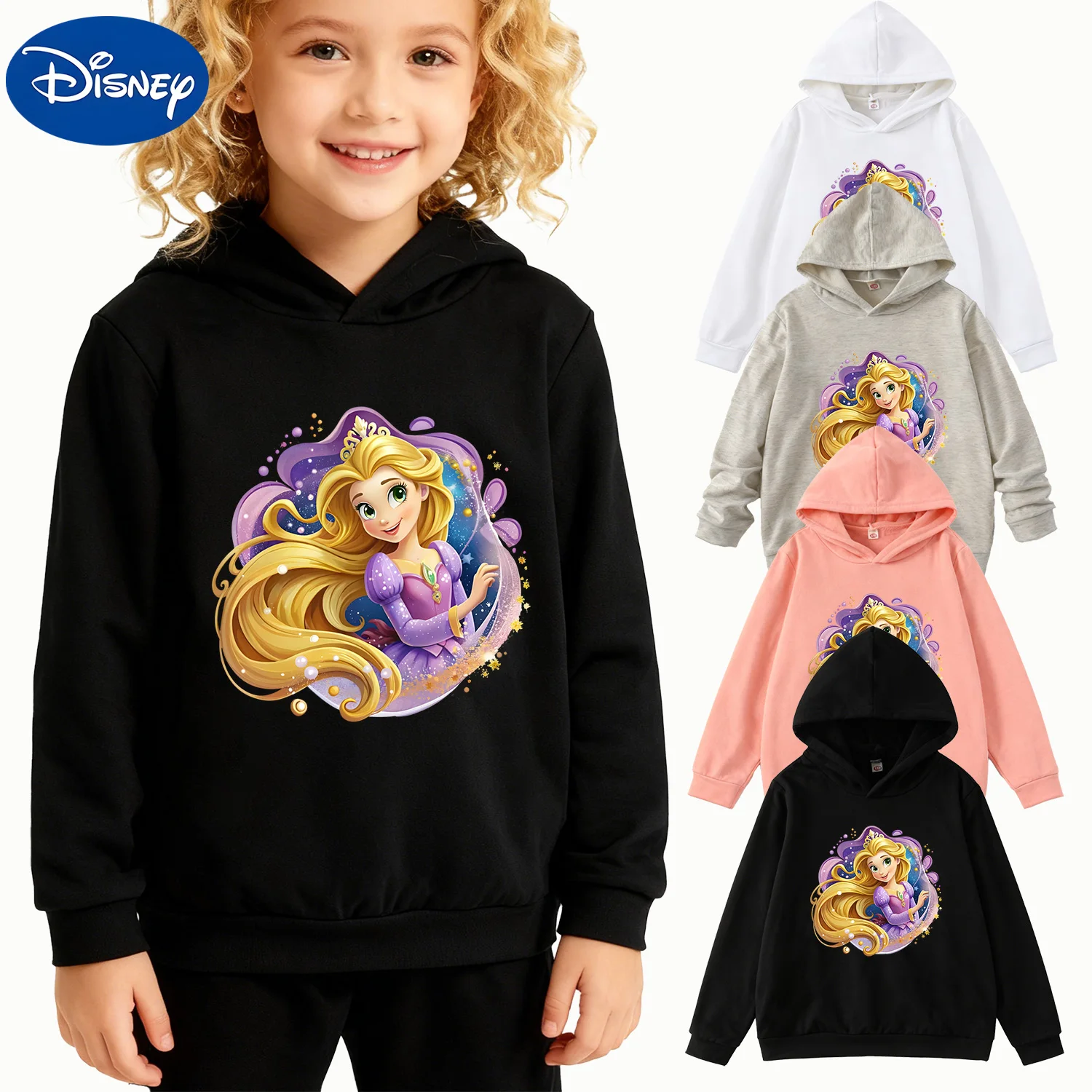 

Детская толстовка с волшебным капюшоном принцессы Диснея Рапунцель, черный повседневный пуловер